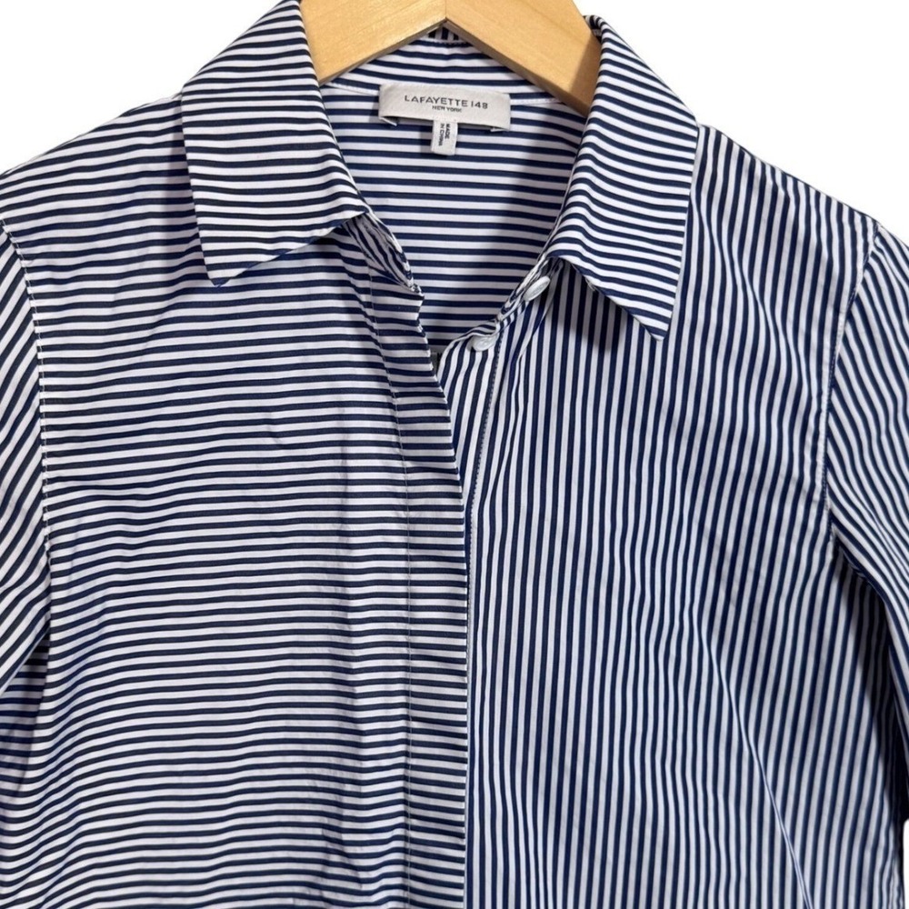 Lafayette 148‎ Shirt XXS Button Down Long Sleeve Top Striped Blue White Tailored